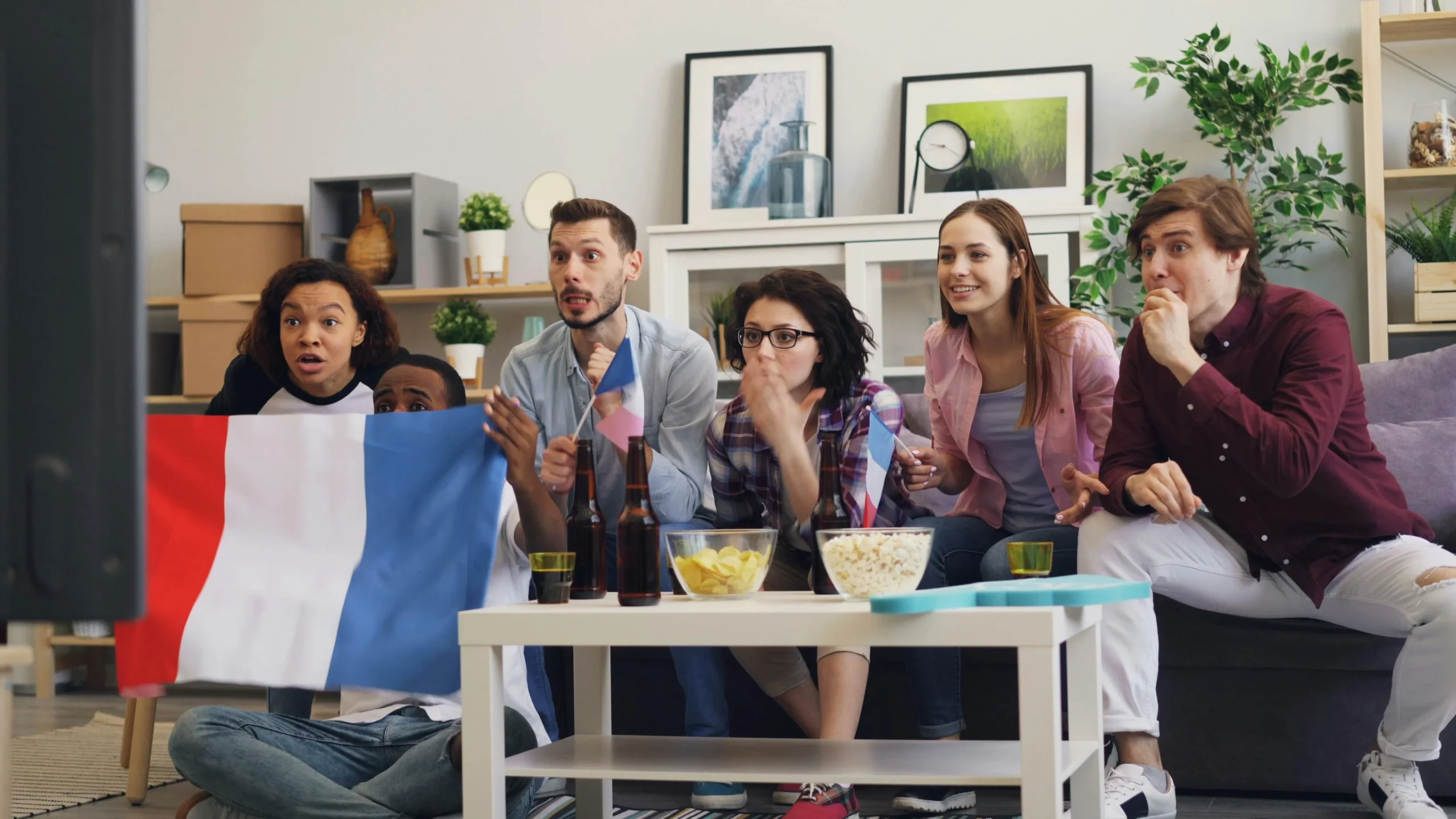 Supporters avec des drapeaux français devant la télévision